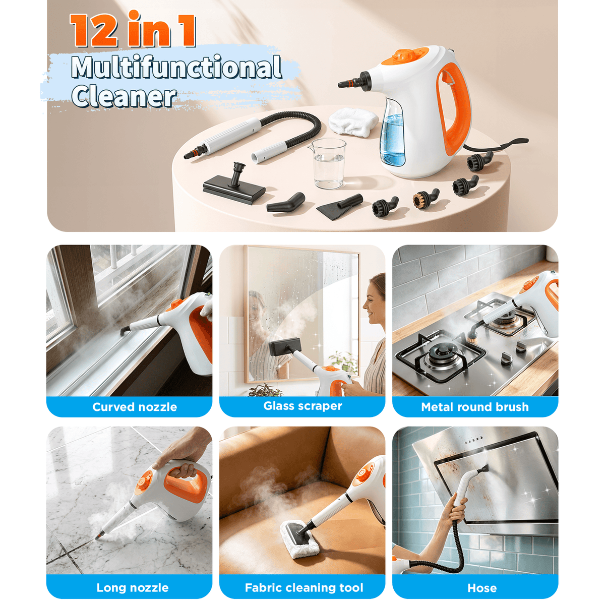 EXLUVON Handheld Steam Cleaner, 1300W 10s Instant Heat Steamer with 11 Multi-Purpose Accessories, 550ml Tank, Lightweight Portable for Kitchen Bathroom Car Windows