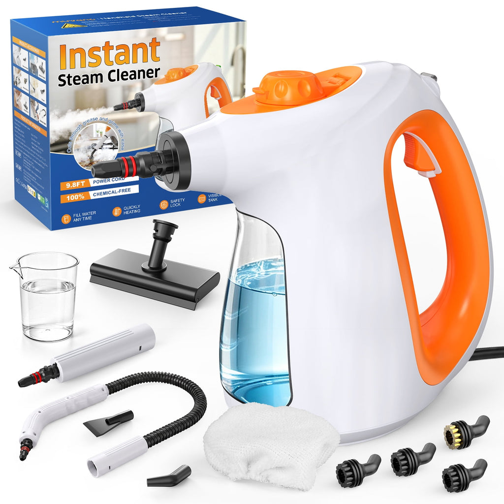 EXLUVON Handheld Steam Cleaner, 1300W 10s Instant Heat Steamer with 11 Multi-Purpose Accessories, 550ml Tank, Lightweight Portable for Kitchen Bathroom Car Windows