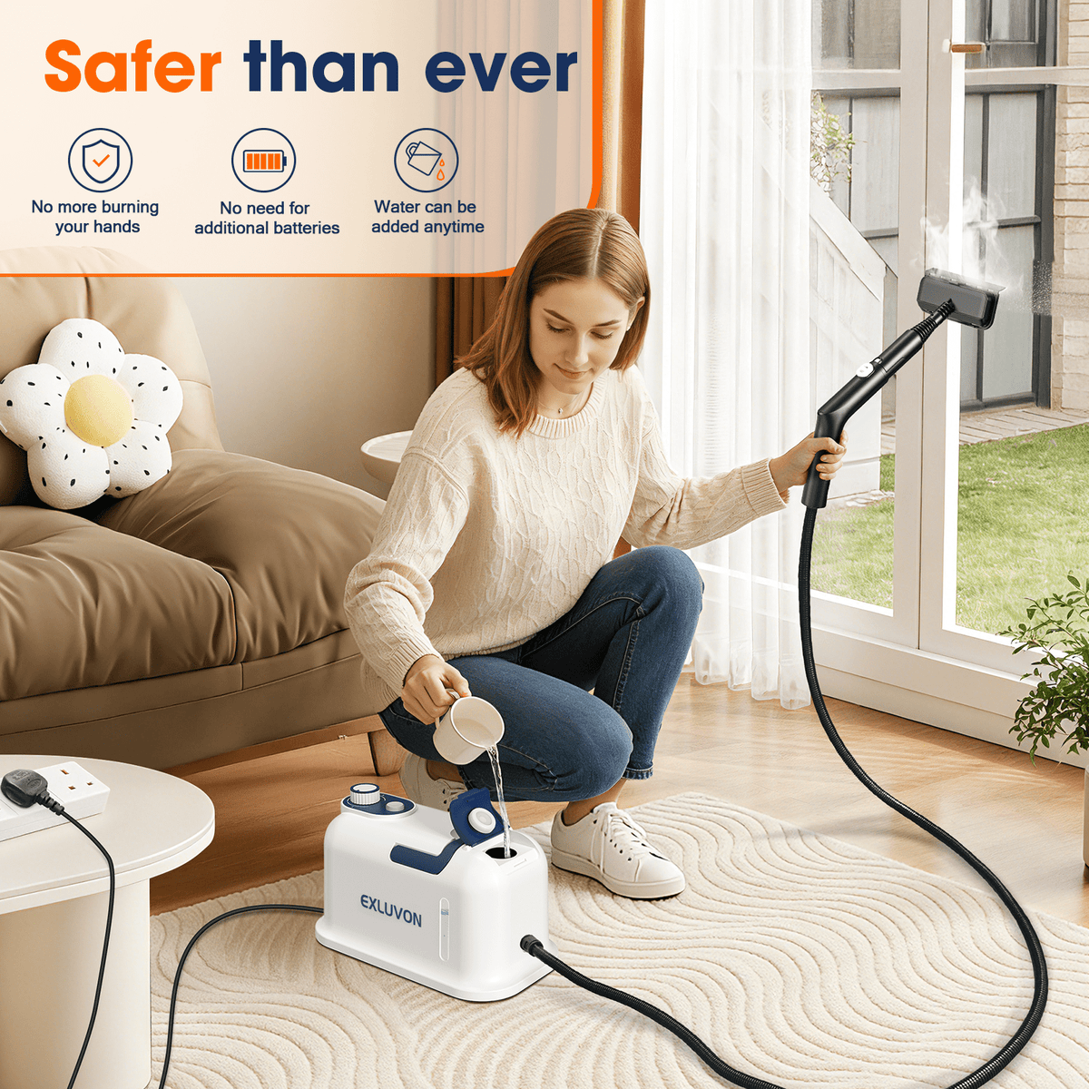 EXLUVON Portable Steam Cleaner - 1500W, 15s Fast Heat, 221°F High Temp, Handheld Steam Cleaner with 1500ml Tank, for Grout, Cars, Upholstery Cleaning